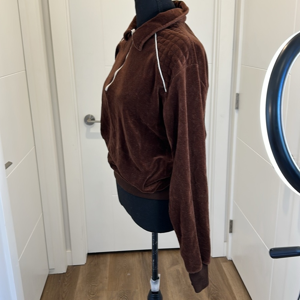 Vintage velvet Velour Half Zip Pullover 70s velvet Streetwear Quiet Luxury Brown - Picture 7 of 14